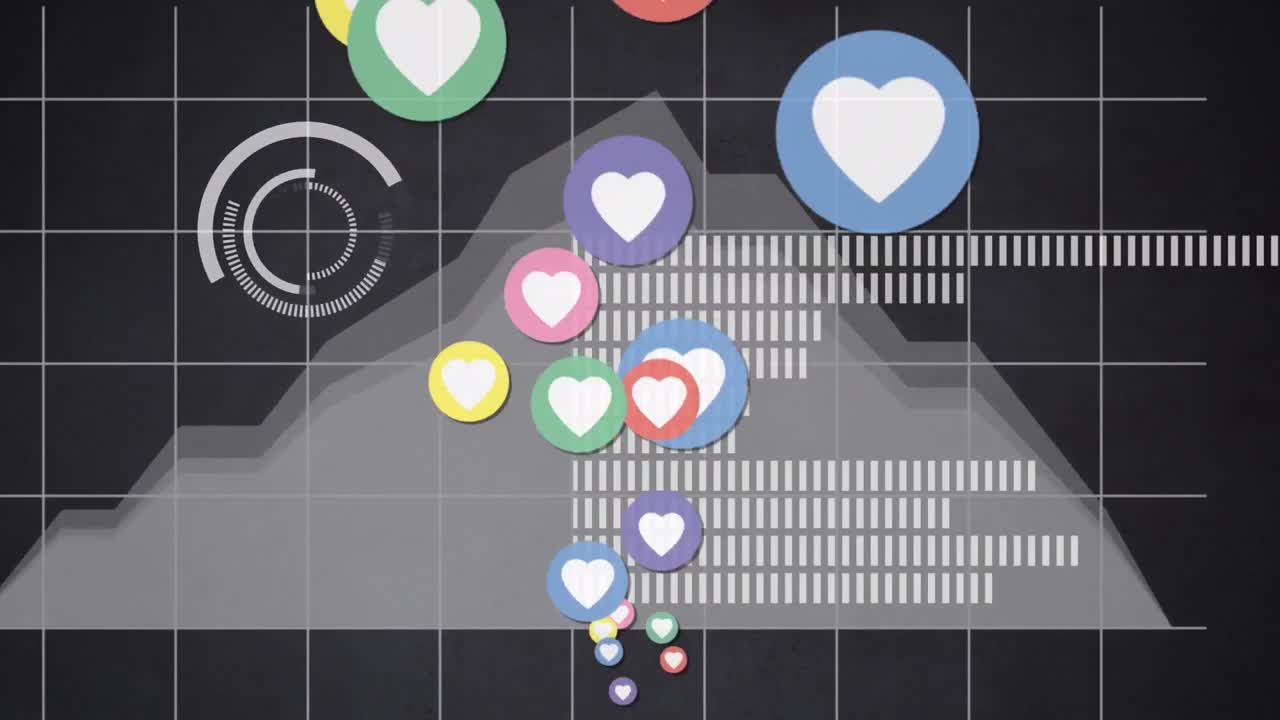 통계와 연결된 네트워크를 통해 소셜 미디어 아이콘의 애니메이션