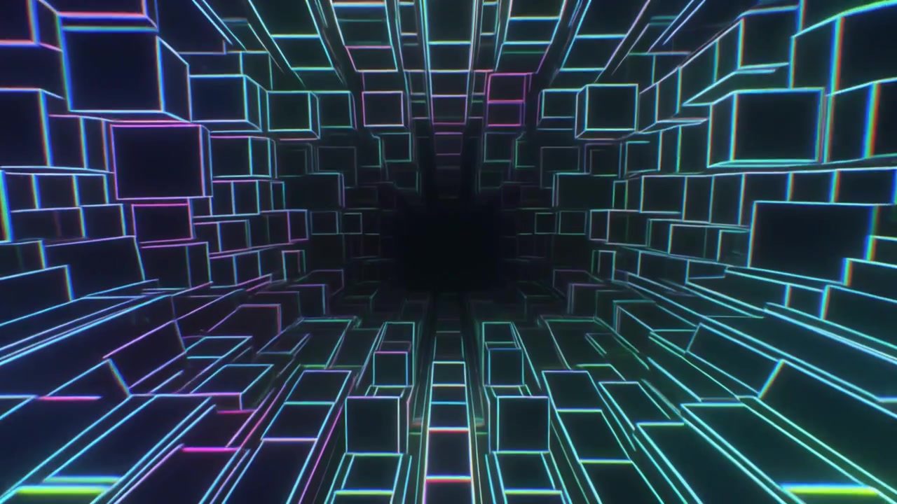 Abstract Tunnel of Glowing Neon Cubes Moving Through Space