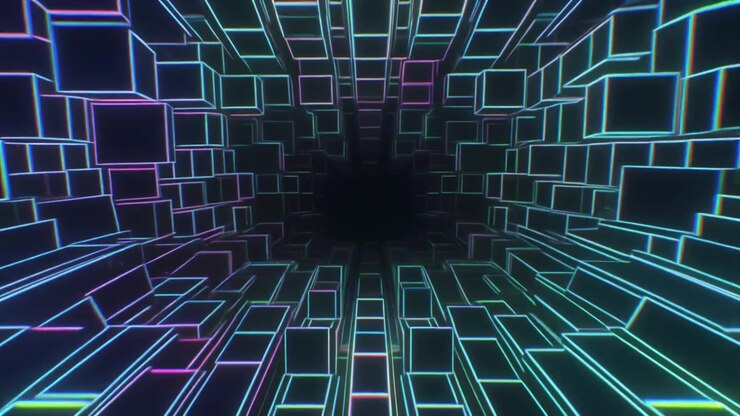 Abstract Tunnel of Glowing Neon Cubes Moving Through Space