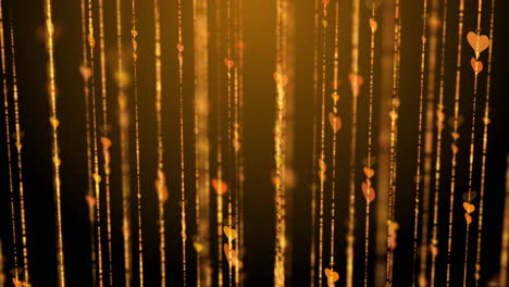 lines of swirling golden hearts and shiny particles. abstract animated background with moving elements.
