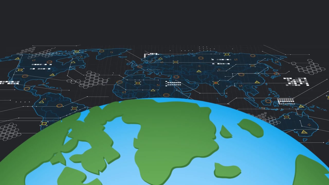 Animation of globe over world map with data processing on black background