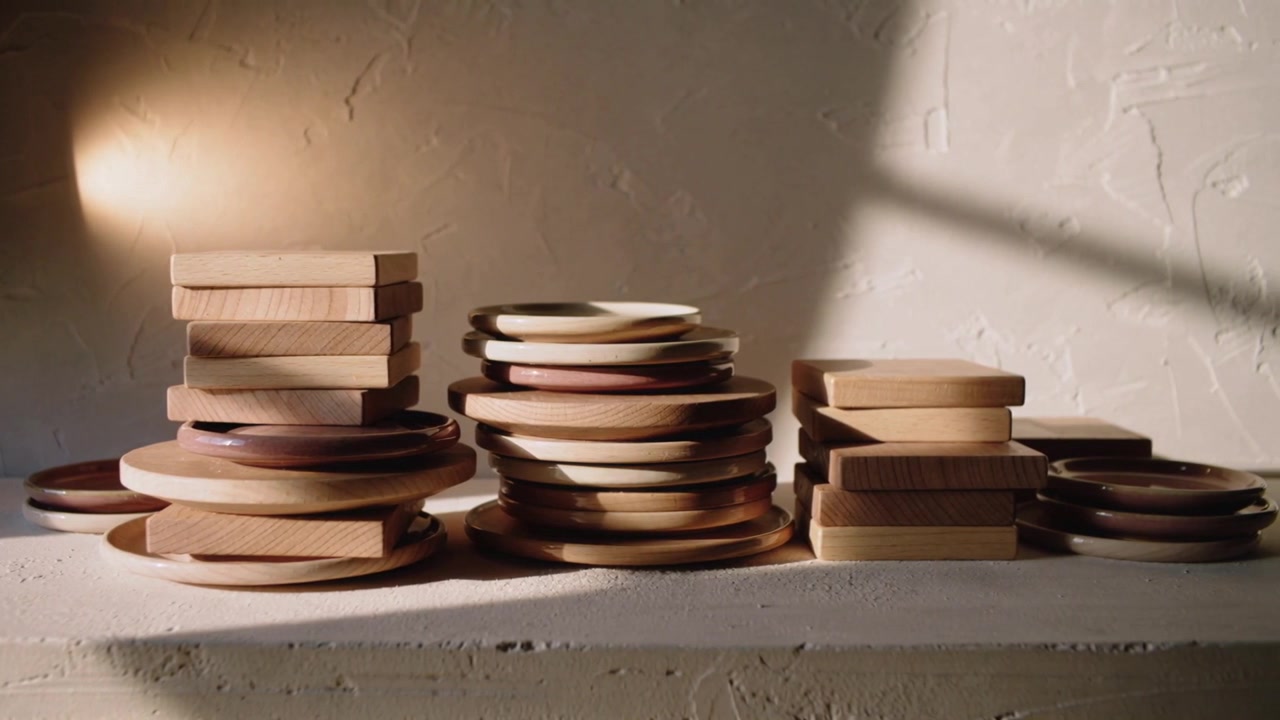 Showing stacked wood discs, square tiles on low shelf, window light shifting highlight and shadow
