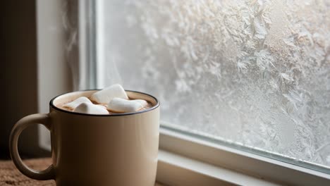a cozy moment: a steaming mug of hot cocoa with marshmallows against a frosted window, perfect for cold days and relaxing evenings at home