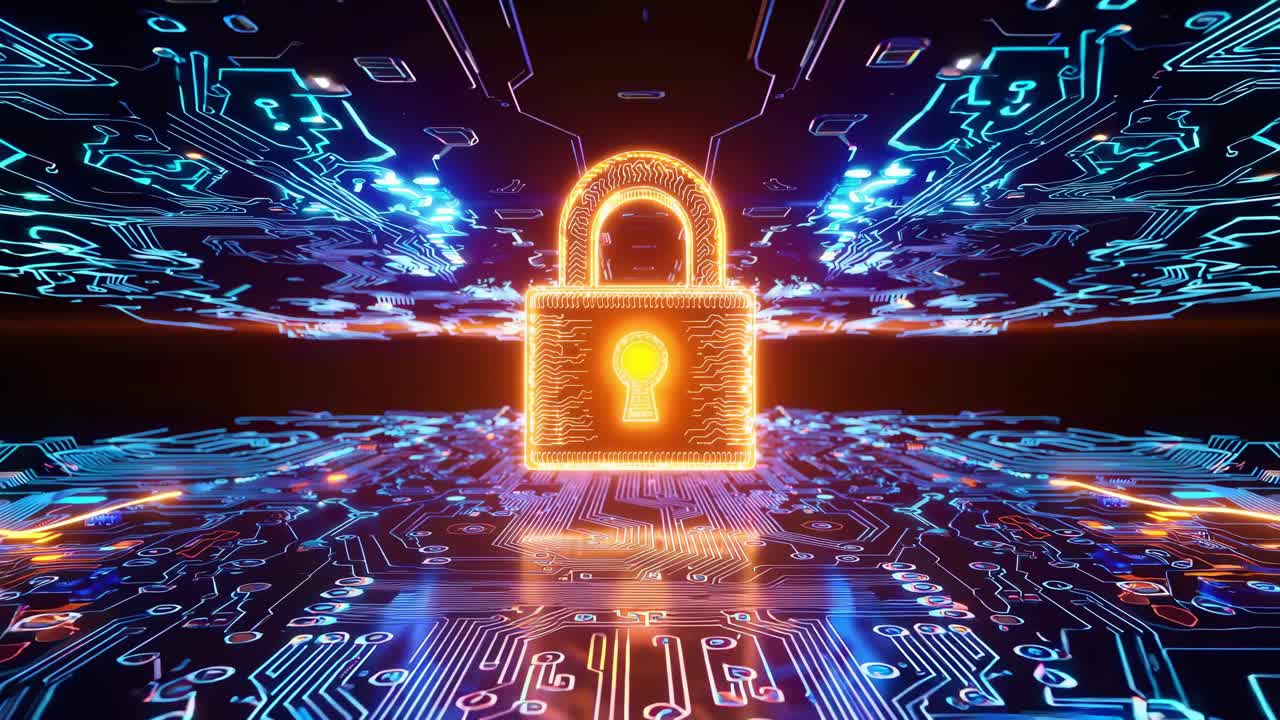 Futuristic video concept of cybersecurity with a glowing digital padlock