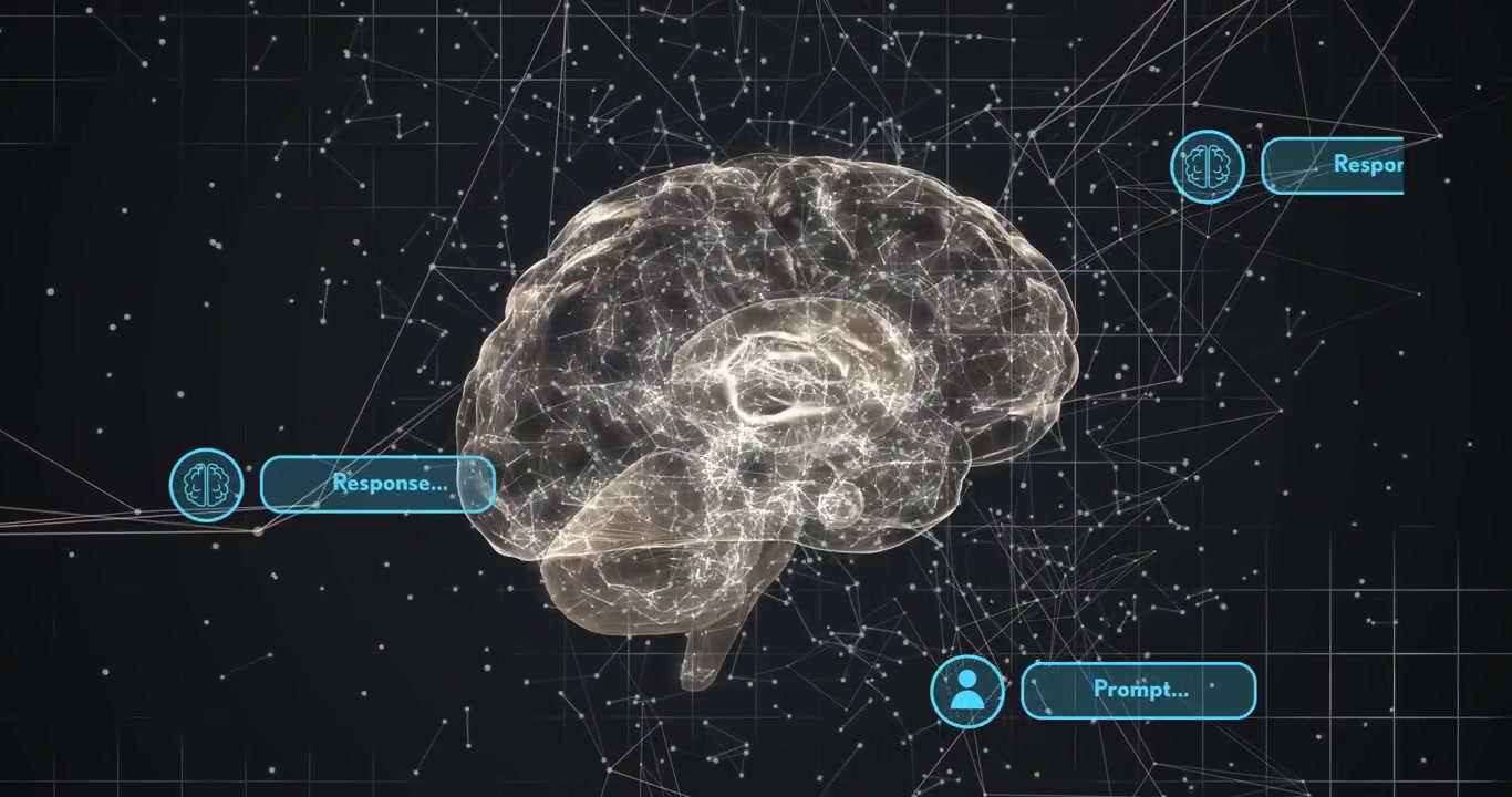 Vertical video: Hologram brain rotating in AI grid, reacting to Prompt badge, pulsing nodes for AI