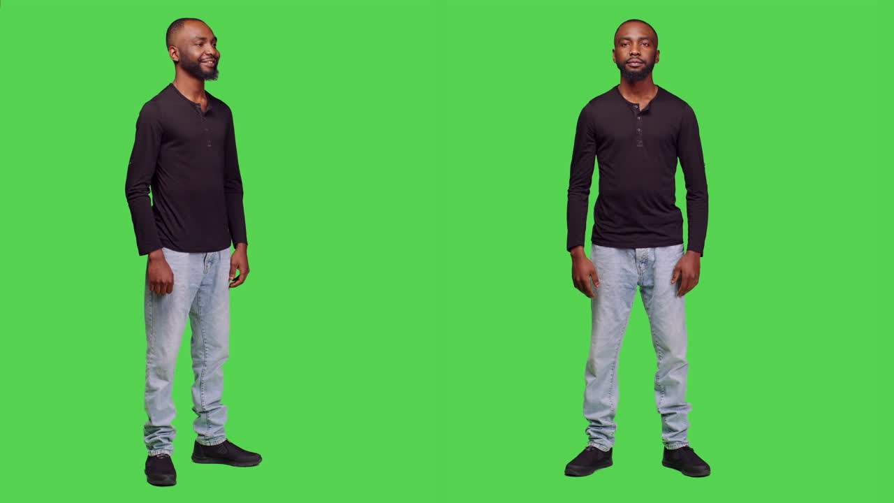 Two portraits of a smiling black man on a green screen