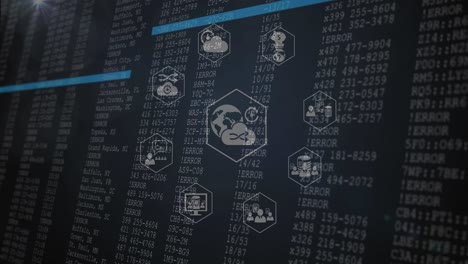 animation of icons over data processing on black background