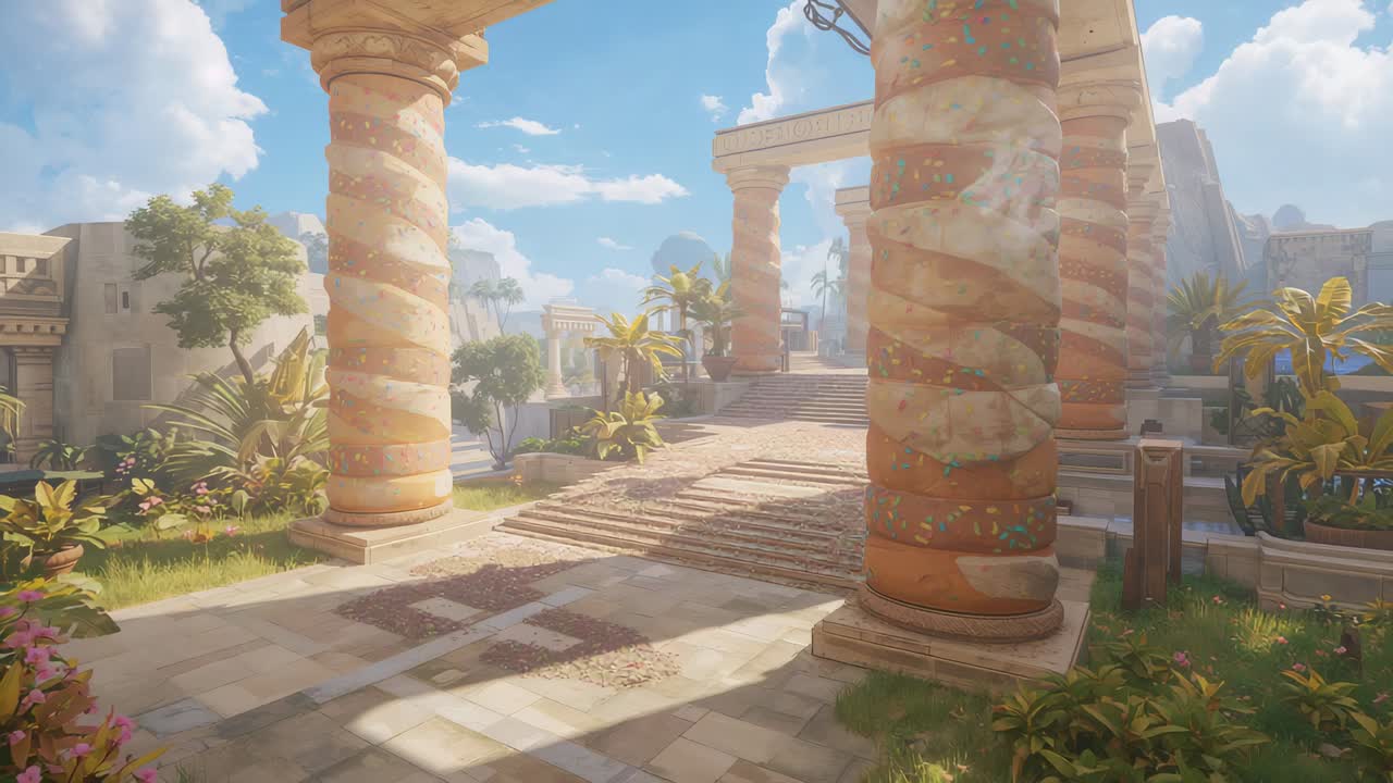 Cámara en movimiento que avanza revelando columnas en espiral y escalones en un patio iluminado por el sol, dejando ver una columnata