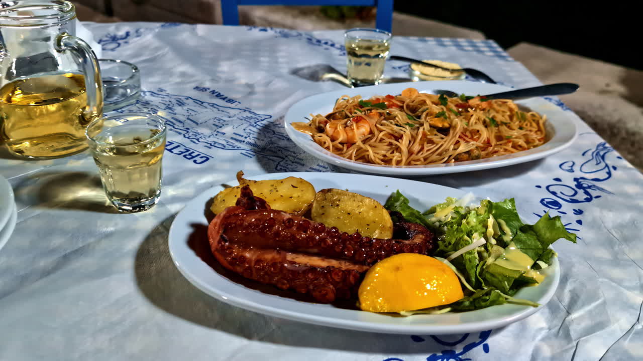Shrimp Pasta And Grilled Octopus Salad In A Restaurant. Zoom In Shot
