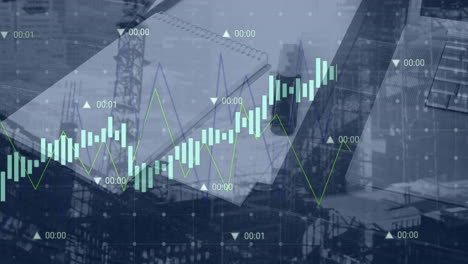 Animación-De-Gráficos-Con-Números-Moviendo-Portátiles,-Papeles-Y-Edificios.