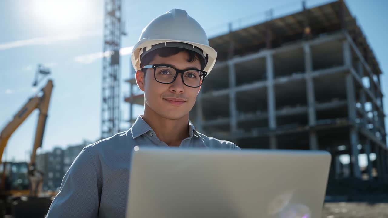 Supervisor de obra revisando la actualización del proyecto en un portátil, monitoreando la obra de varios pisos, con sombrero.