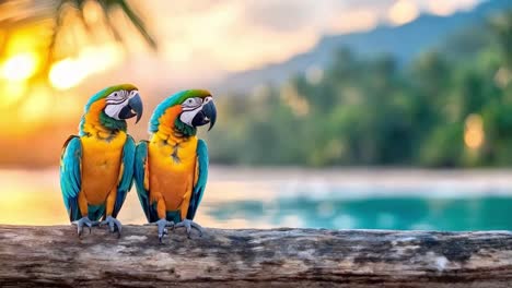 two colorful macaws perched by a tropical lake at sunset