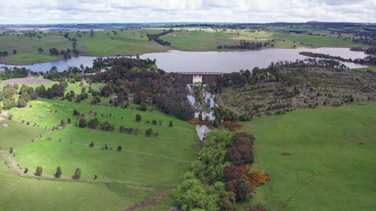 Drone footage of water being released from Lauriston Reservoir, in central Victoria. October 2022.
