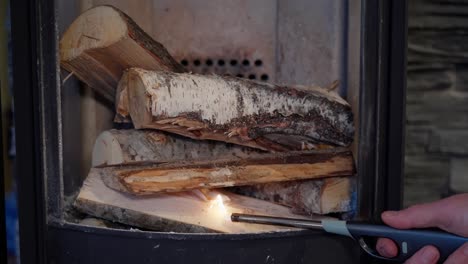 pone fuego a la leña de abedul en la estufa, comienza a arder