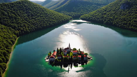 island church in a serene lake landscape
