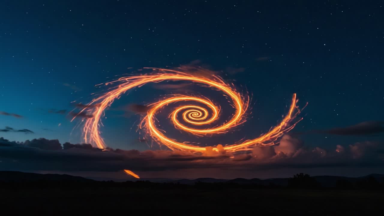 Captivating Spiral of Light: A Mesmerizing Display of Sparkling Fire Trails Against a Starry Night Sky and Cloudy Horizon