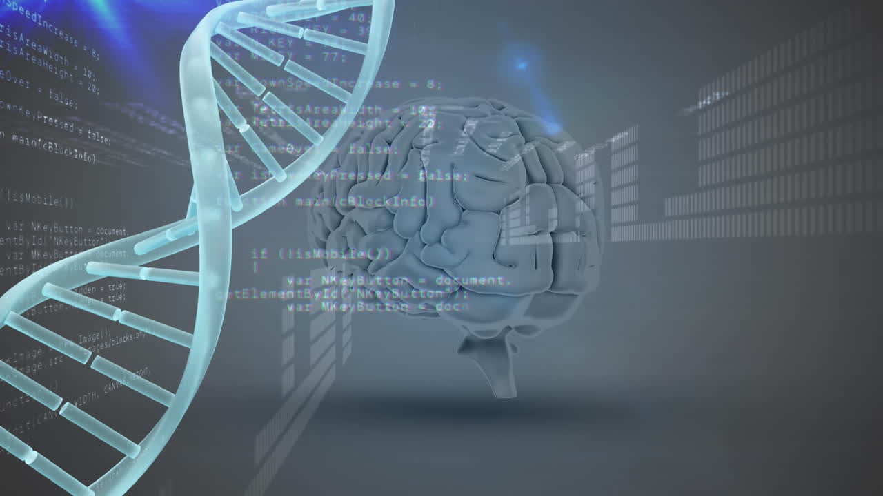 Brain with DNA helix and computer code