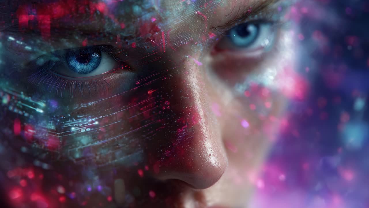 A Captivating Glimpse into the Future: An Intricate Close-Up of a Human Face Merging with Digital Elements, Vibrant Colors, and Ethereal Backgrounds Depicting Technological Transformation