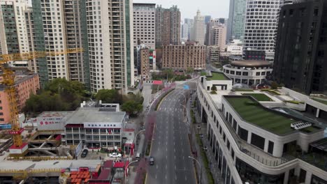 Deserted-Shanghai-City-Streets-with-Pandemic-Lockdown,-China---Aerial