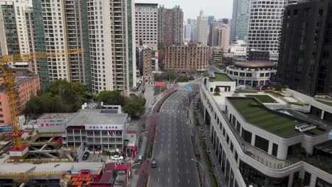 deserted shanghai city streets with pandemic lockdown, china - aerial