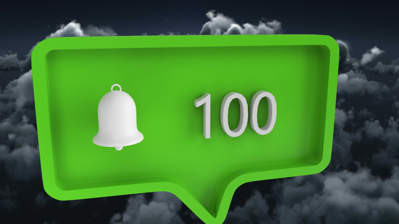 анимация значка оповещения с цифрами на речевом пузыре над небом и облаками