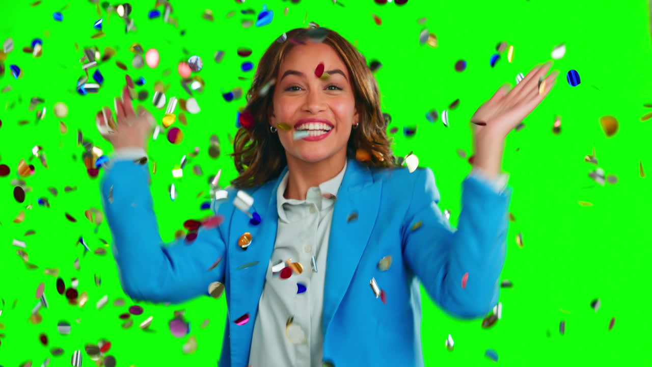 Face, success and woman with confetti