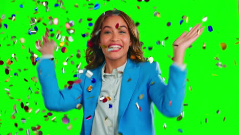 face, success and woman with confetti