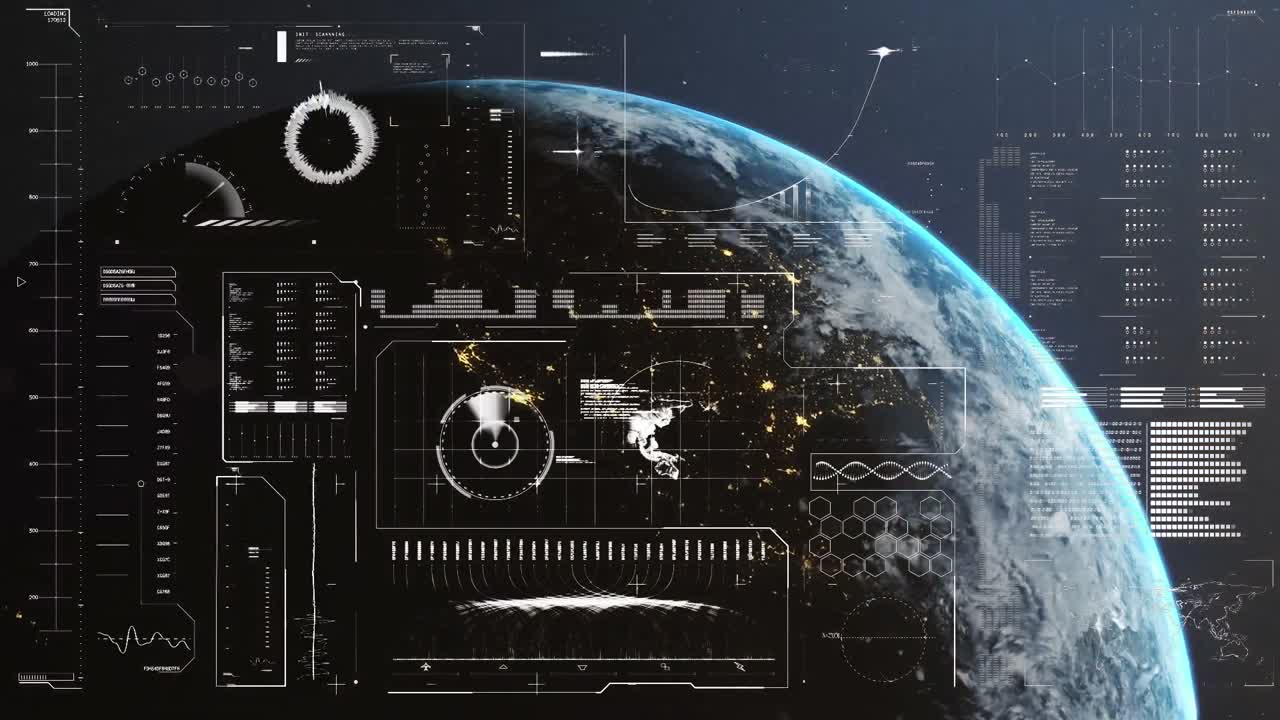 animación de la interfaz infográfica sobre el sol girando alrededor del globo en la galaxia.