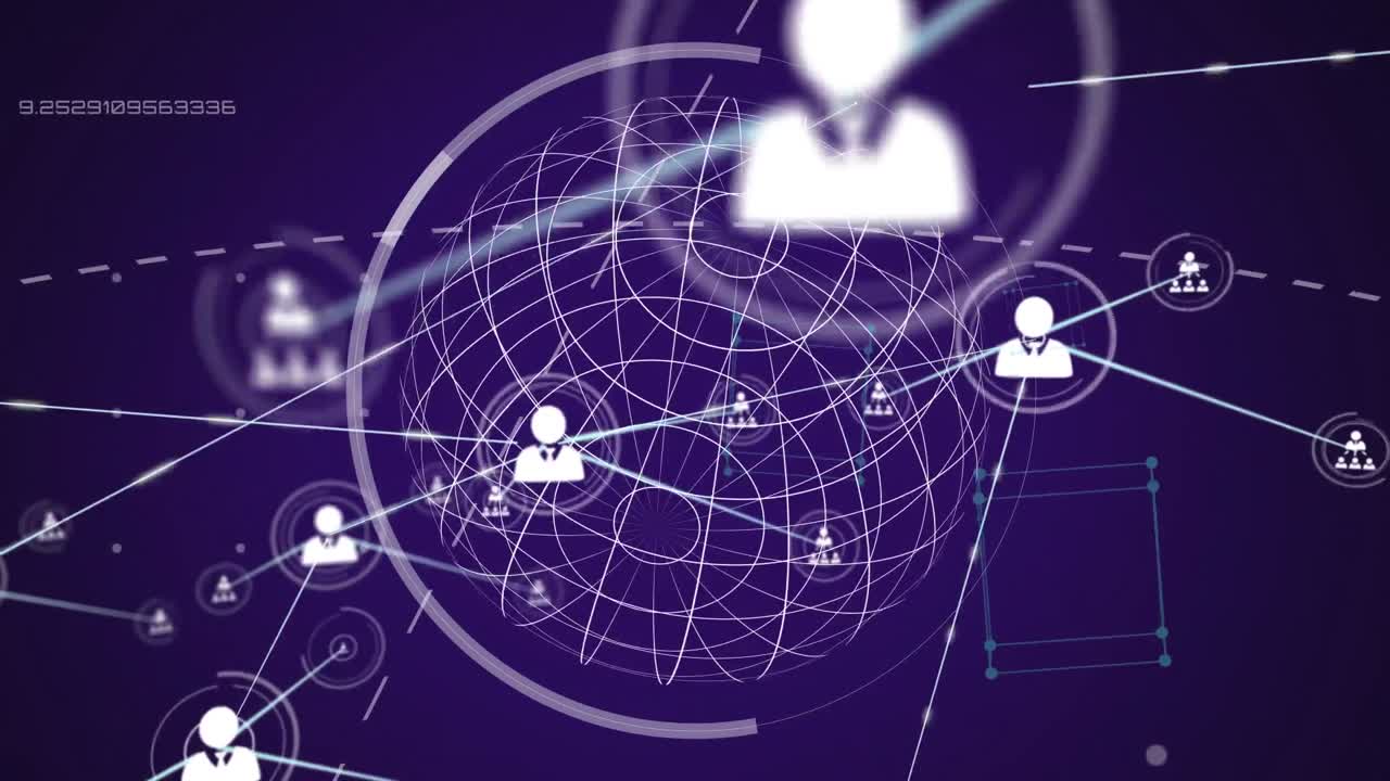 animación de redes de personas conectadas iconos con globo giratorio en negro