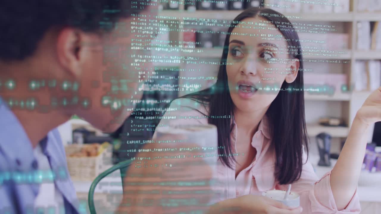 animación del procesamiento de datos sobre diversas parejas hablando y bebiendo café.