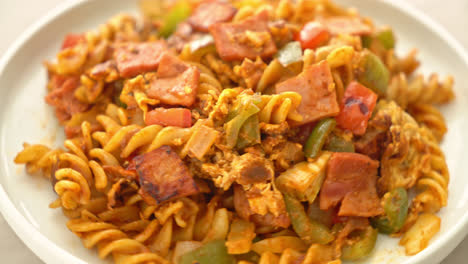 pasta fusilli salteada con salsa de tomate y jamón
