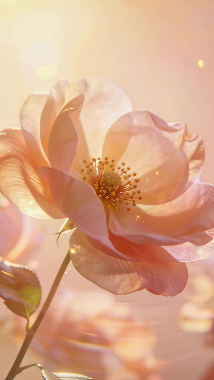 Video verticale: Rosa rosa pallido luminosa che cambia mentre la luce aumenta in primo piano macro, mostrando scintille