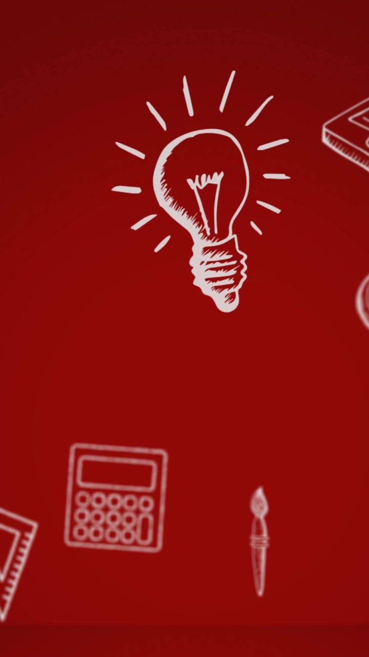 Animation of book, laptop, scale, globe, bus, calculator, light bulb over red background
