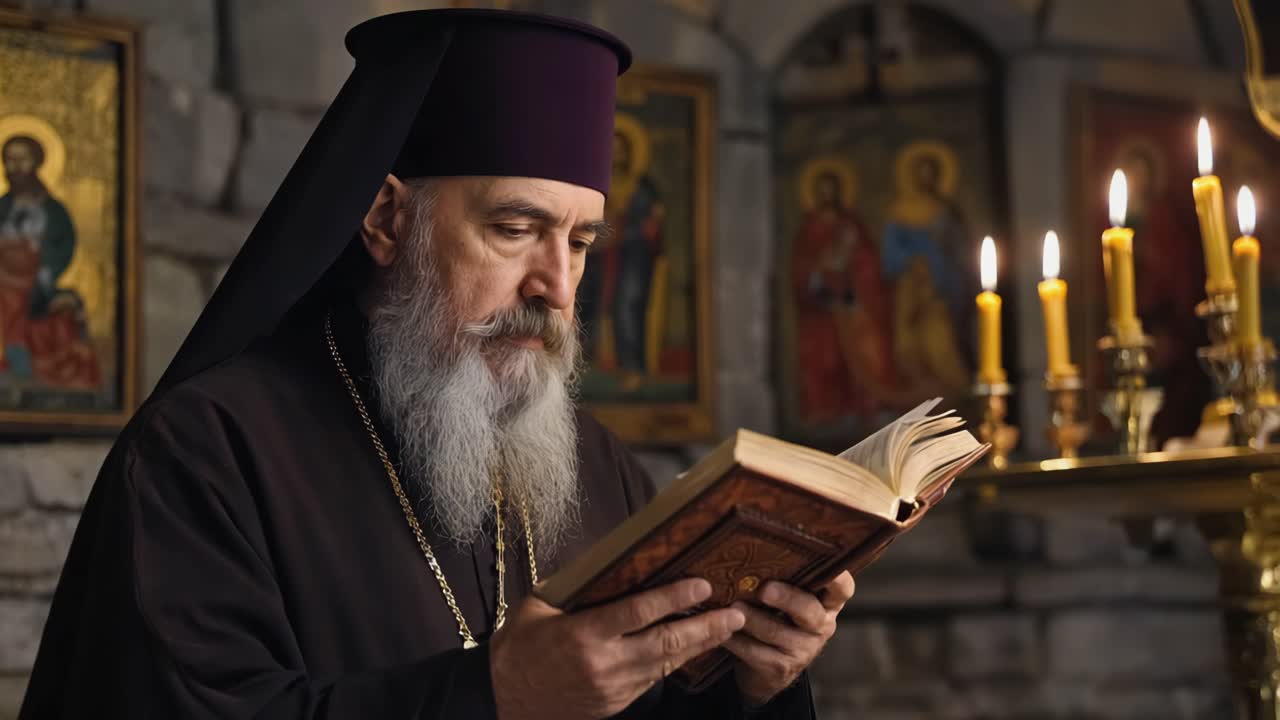 Priest reading a book in a church