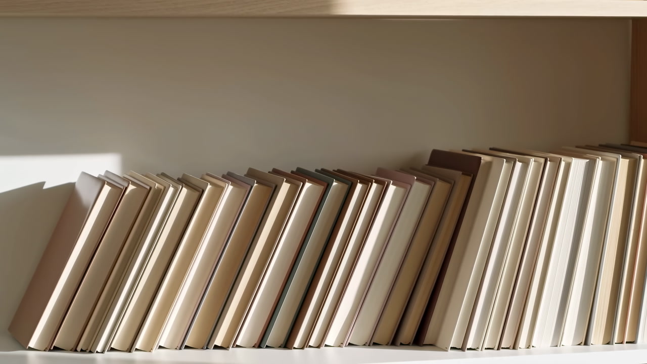 Sunlit Neutral Books On Shelf, Minimalist Arrangement Of Beige Covers Leaning In Tidy Row, Soft Morning