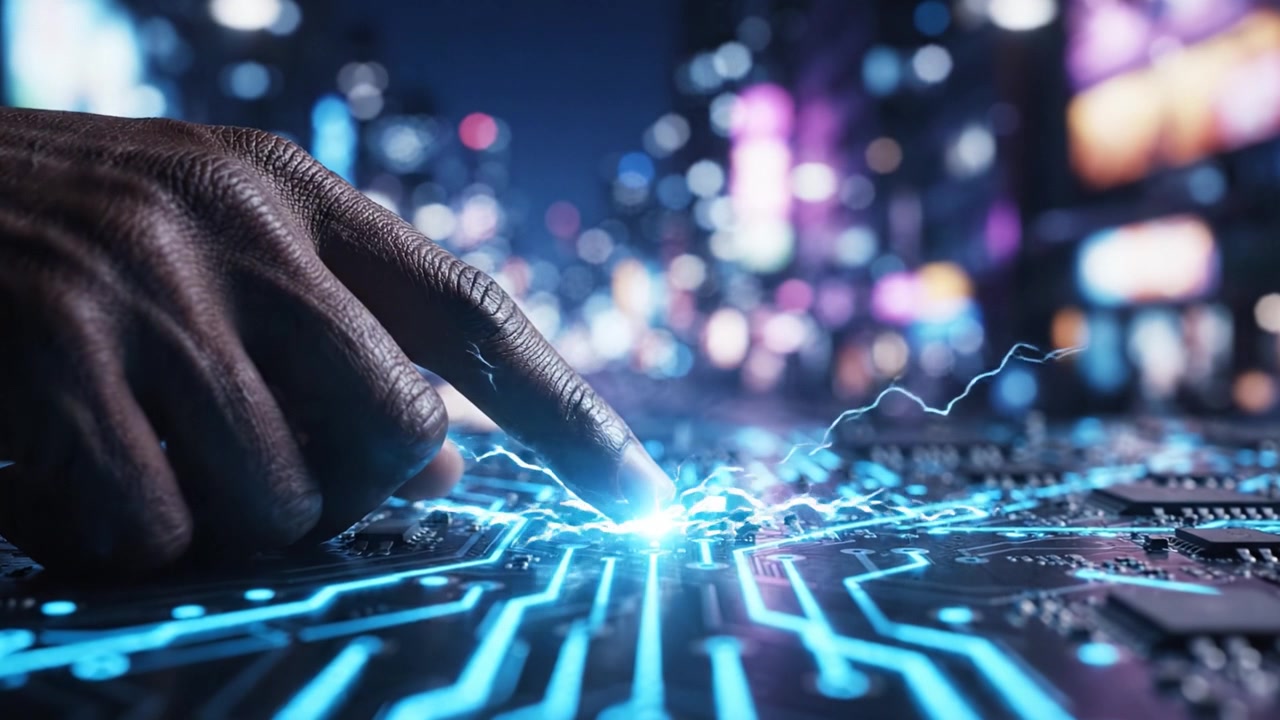 A vibrant synthesis of technology and human interaction, showcasing a hand poised to connect with an illuminated circuit board in a bustling urban nightscape.