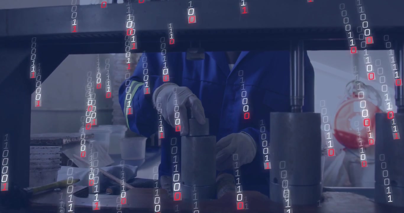 Scooping worker in blue coat wearing white gloves, filling metal molds under press, binary overlay