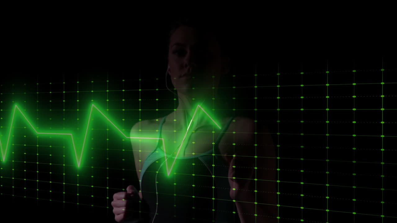 female athlete training indoors, showing neon ECG waveform and digital grid for tech marketing