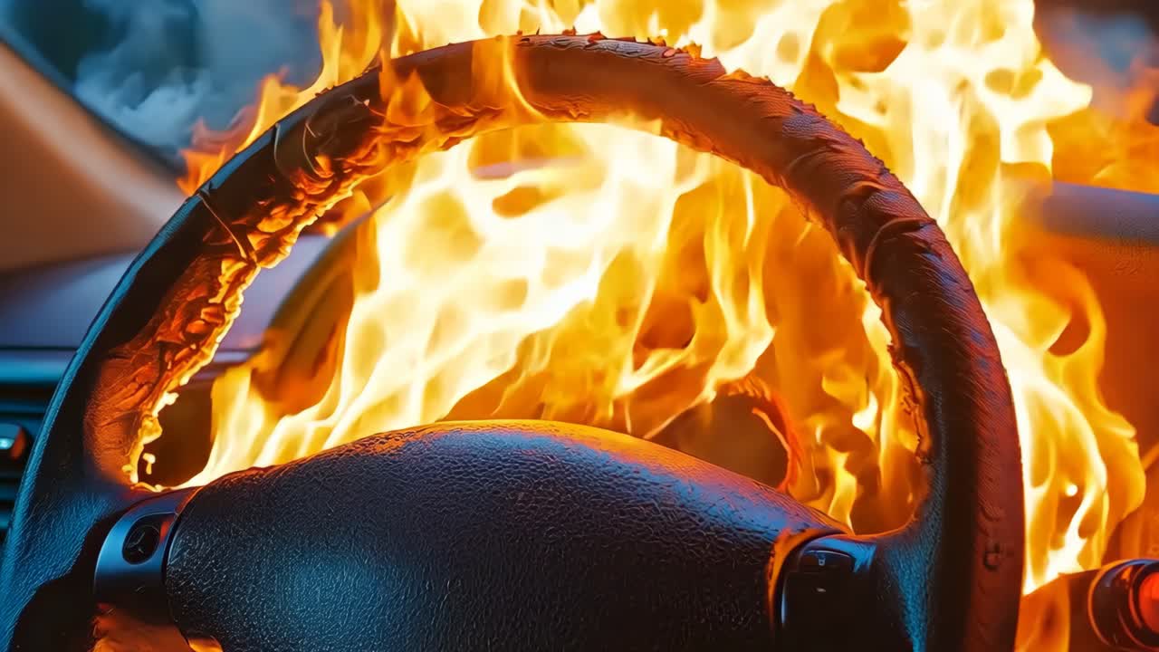 un coche con un volante en llamas en el tablero de instrumentos