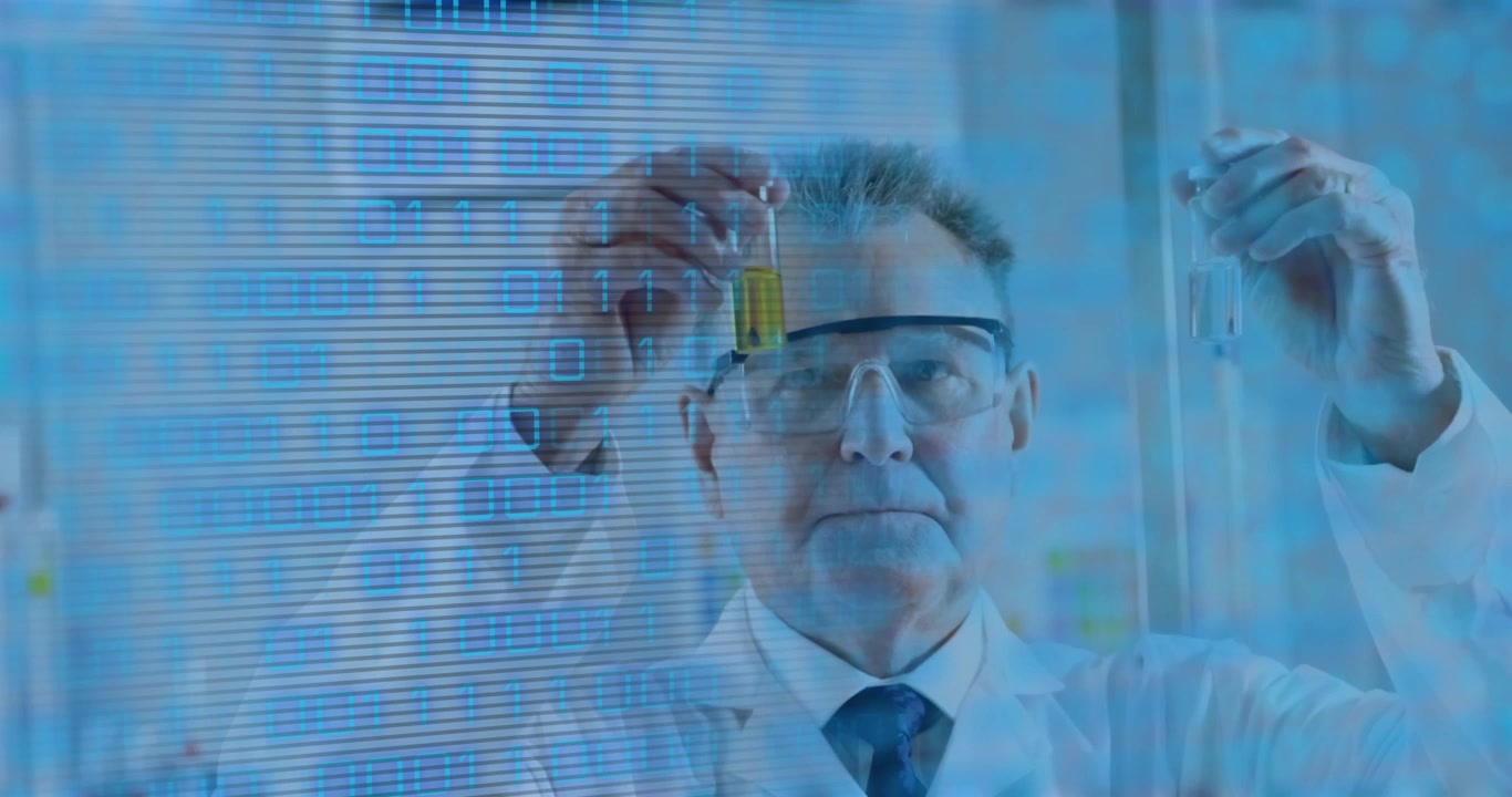 Animasjon av databehandling over kaukasisk mannlig forsker som jobber i laboratorium