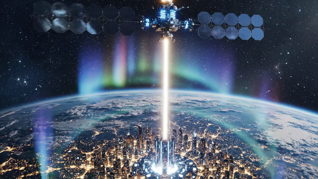 Satellite transmitting energy to a city