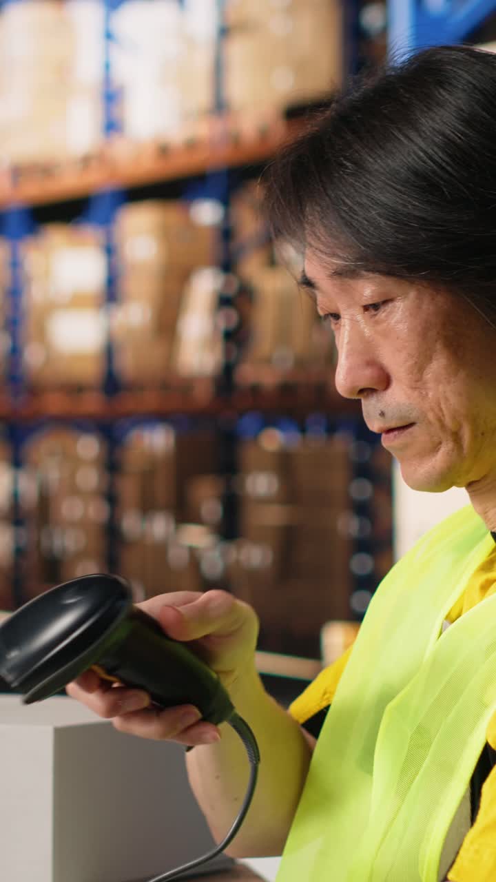 Vertical Video Male worker managing package labeling using shipment details adhesive tags
