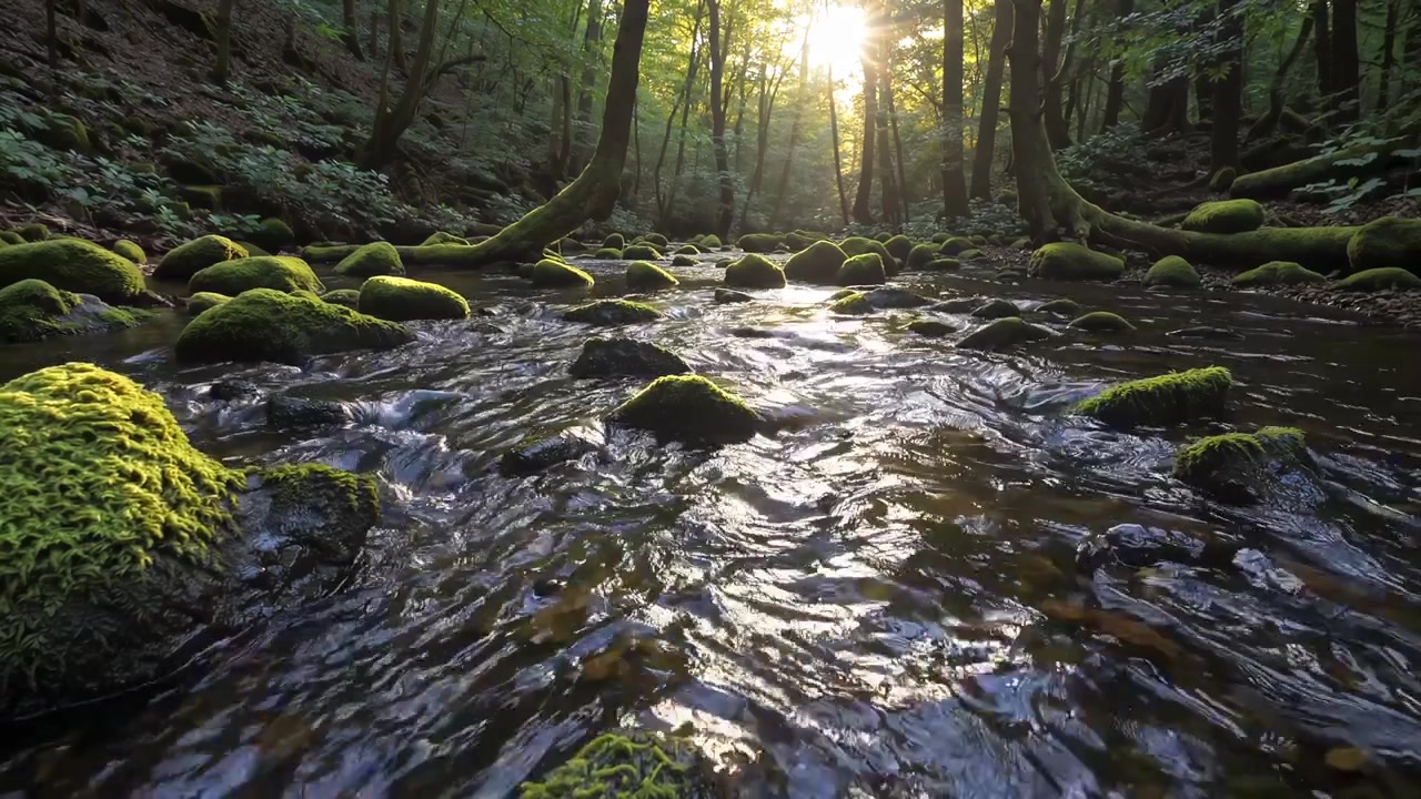 Sinar Matahari Memantul di Aliran Hutan Berlumut dengan Air Mengalir.