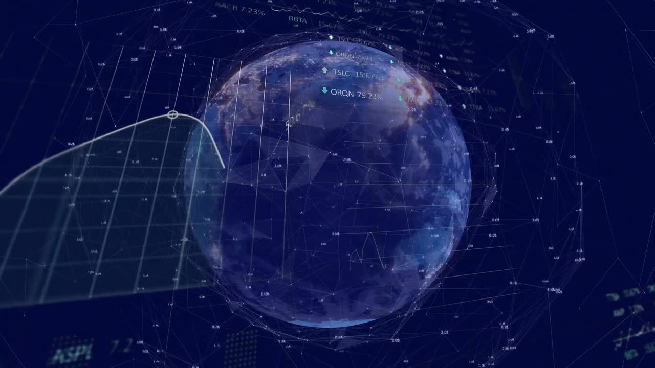 Animation of statistical, stock market data processing, network of connections over spinning globe