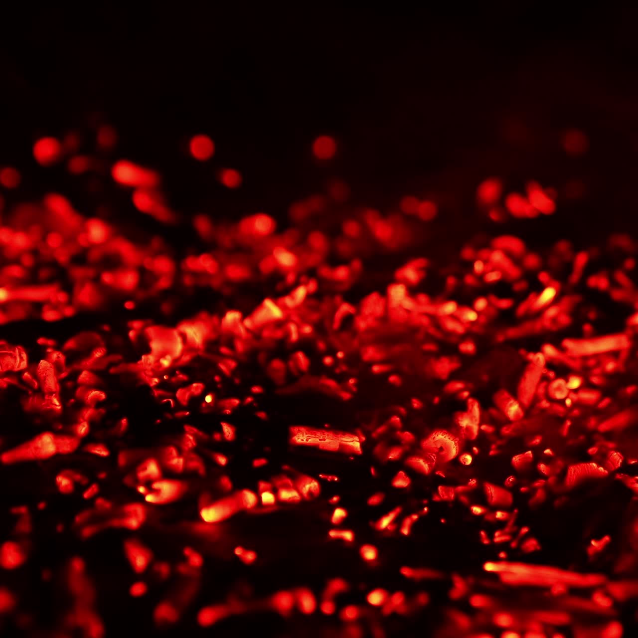 Smoldering red embers scattered on the ground. Smoke goes up and charcoal flashing from the wind. Close up