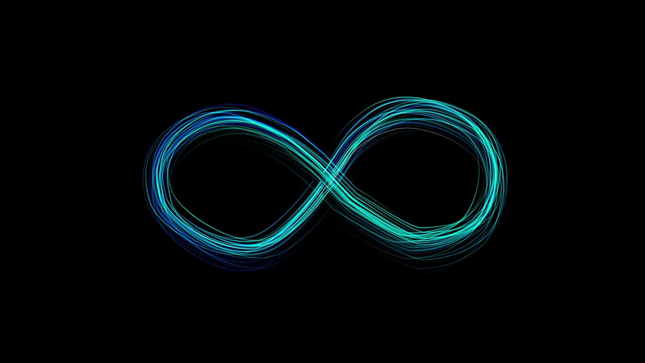 emergiendo brillante signo de infinito turquesa en fondo negro de muchas líneas.