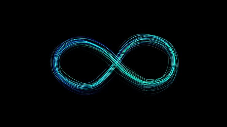 Segno dell'infinito turchese luminoso emergente su sfondo nero da molte linee