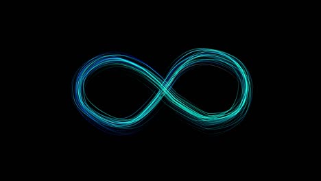 emerging glowing turquoise infinity sign on black background from many lines.