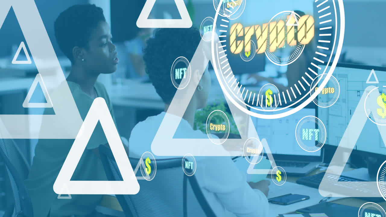 Animation of triangles and crypto over diverse female coworkers in office