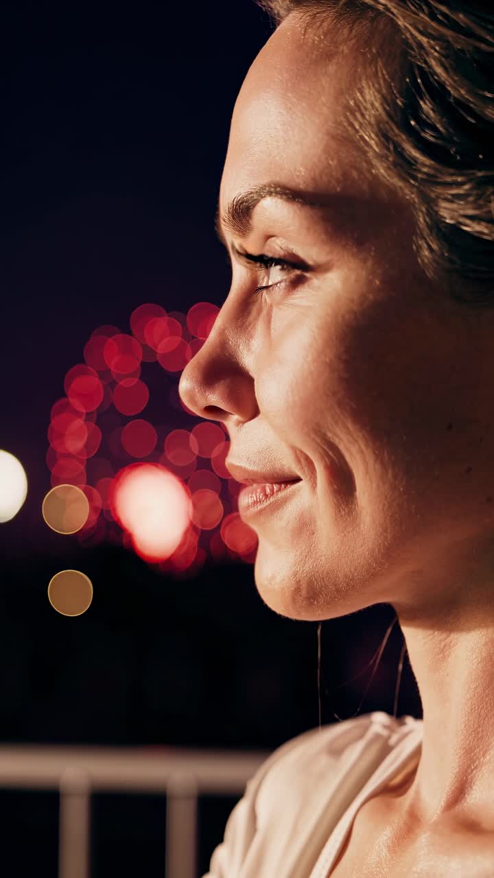 mujer serena contemplando vibrantes reflejos de fuegos artificiales, capturando momentos emocionales a través de la gradación dinámica de colores y perspectivas atmosféricas durante la celebración nocturna